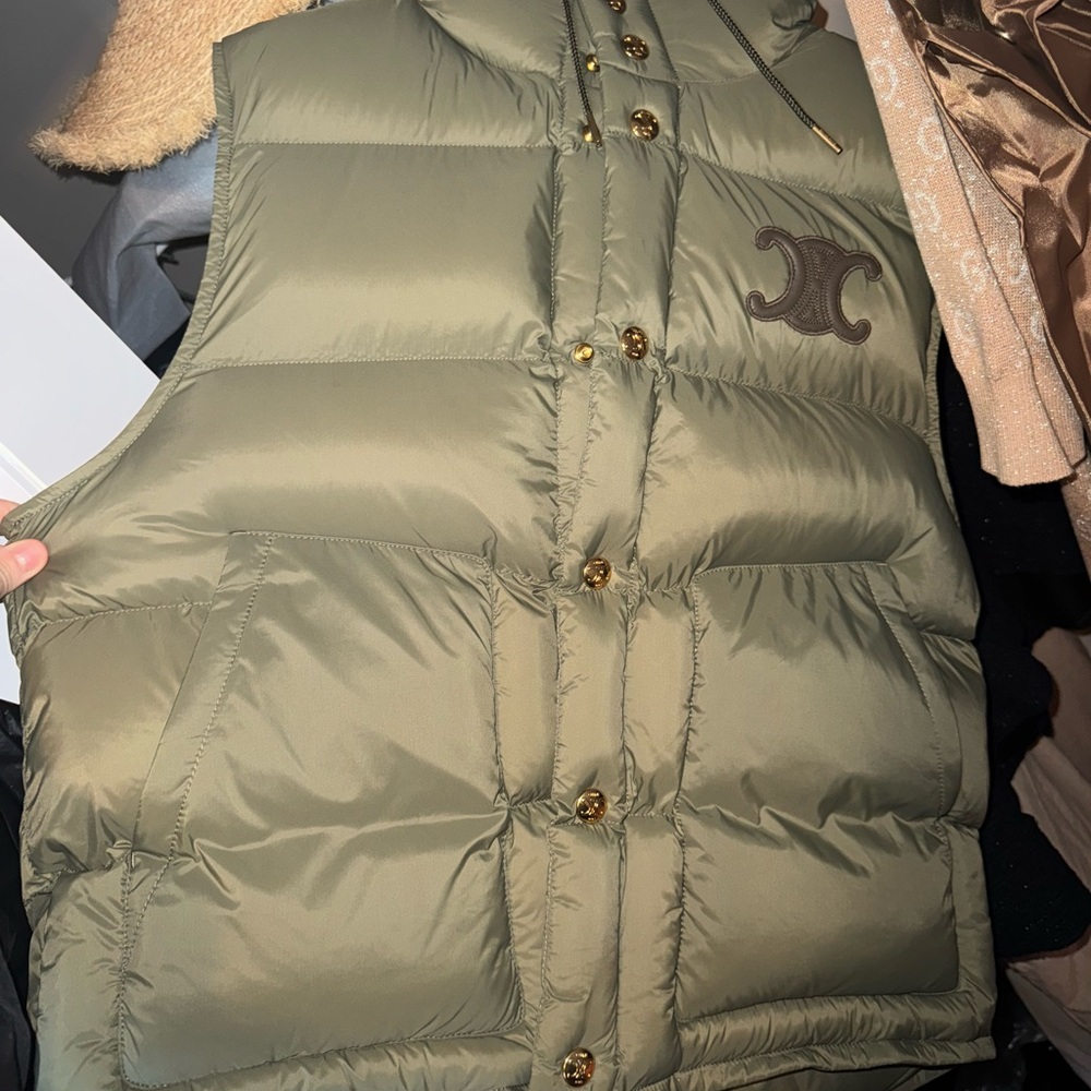 Celine Olive Green Puffer Vest with Logo